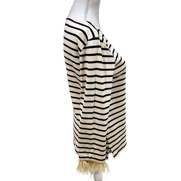 J.Crew Navy & Cream Striped long sleeved Top feather trim cuffs size small - Picture 8 of 11